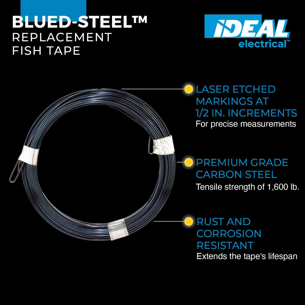 IDEAL Electrical 31-004 Blue Steel Fish Tape Replacement – 50 ft. Blued Steel Fish Tape w/ Non-Oily Finish, Laser Etched Increments, 1600 lb. Strength