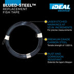IDEAL Electrical 31-004 Blue Steel Fish Tape Replacement – 50 ft. Blued Steel Fish Tape w/ Non-Oily Finish, Laser Etched Increments, 1600 lb. Strength