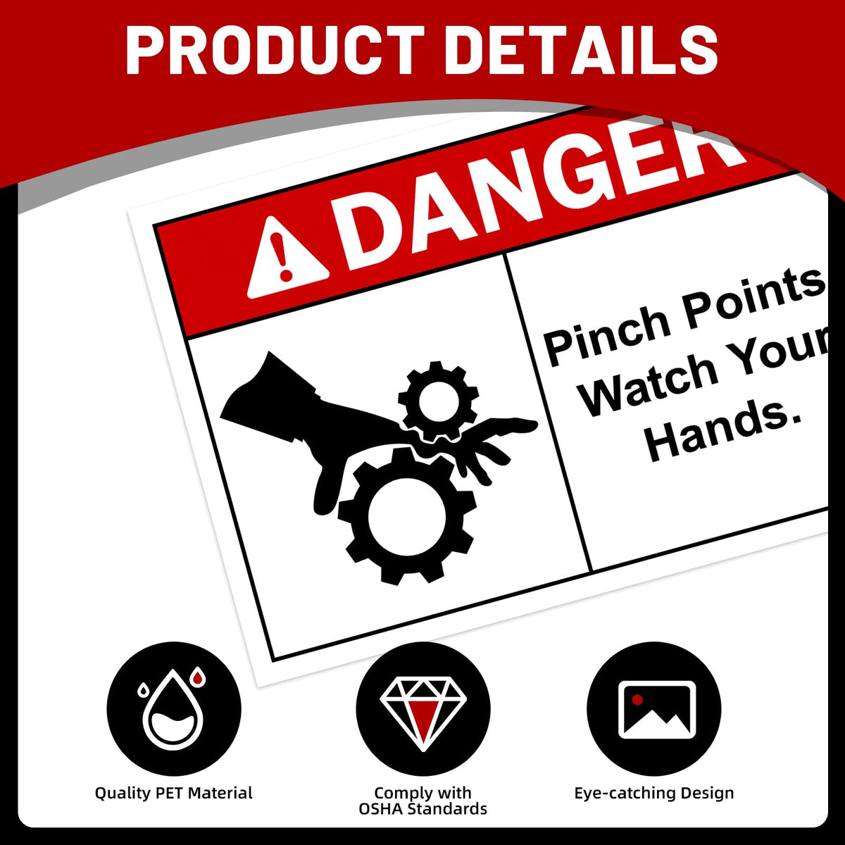 100 Pcs Pinch Points Danger Labels - 5 x 3.5 Inch Watch Your Hands OSHA Safety Warning Sign Stickers, PET Material for Industrial Warehouse, Machine and Equipment