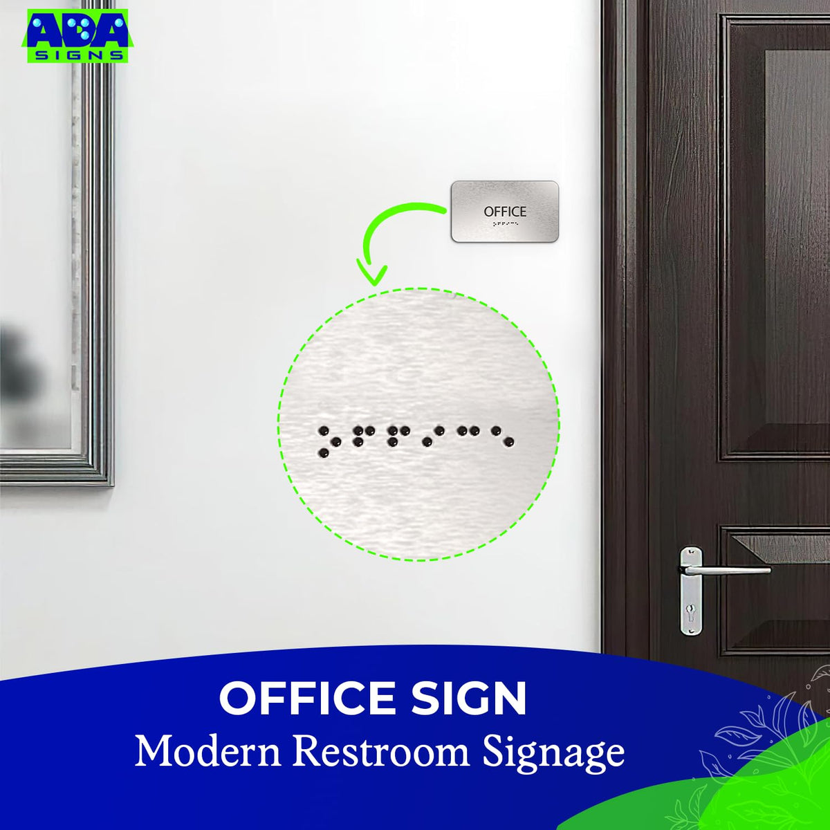 ADASigns Office Sign 7"x4" - Brushed Aluminum with Braille & Tape