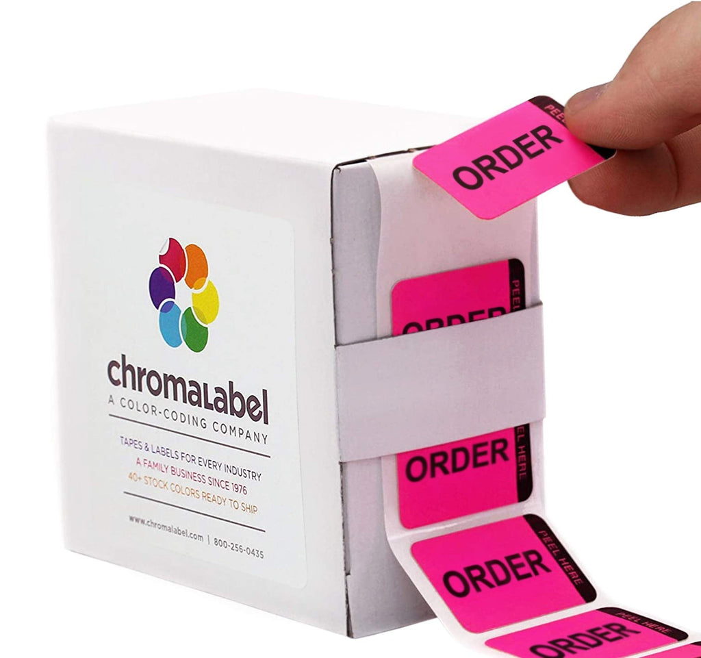 ChromaLabel fluorescent pink and yellow double-layer quality control label with "Order" imprint, 1.5-inch size, in dispenser box