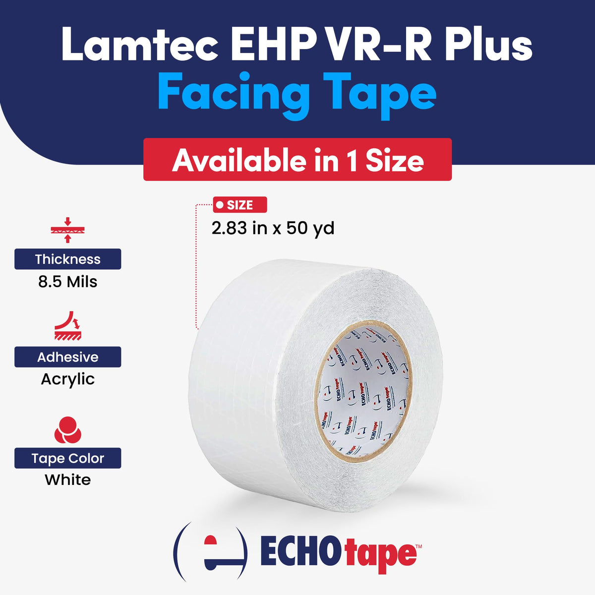 ECHOtape FS-G7739 | All Weather Lamtec EHP VR-R Plus Facing Tape | Metal Building Insulation Tape | White Seam and Repair Tape | Cold Weather Acrylic Adhesive | Contractor Tape | 2.83 in x 50 yds 2.83 in x 50 yds / 72mm x 45.72m