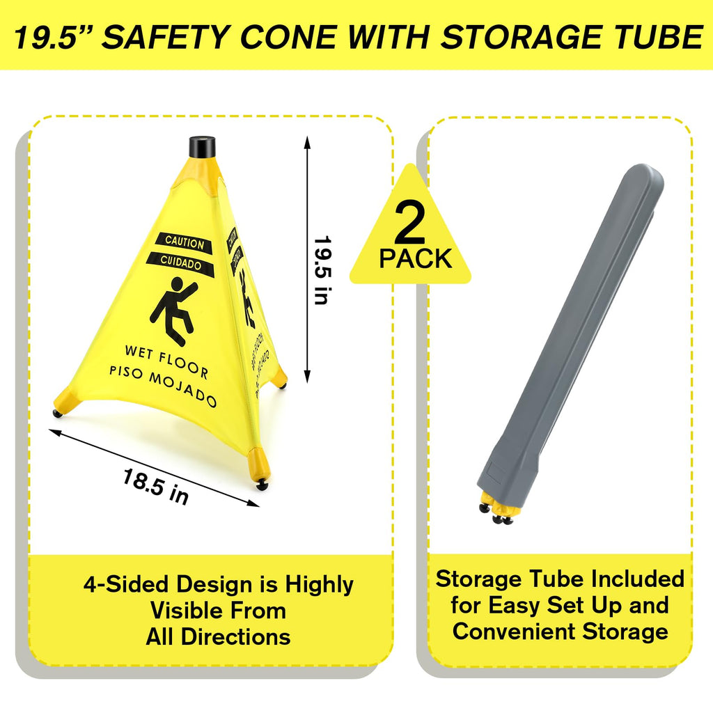 Ceenna 2 Pcs 19.5 Inch Wet Floor Sign Pop-up Safety Cone with Storage Tube Wet Floor Symbol Yellow Warning Sign for Retail, Grocery, Office, Cinema, Restaurant, Mall