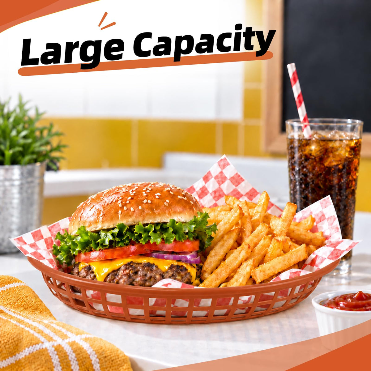 24 Pack, Oval Plastic Fast Food Basket, 8.9 x 5.5 Inch (Brown) Brown