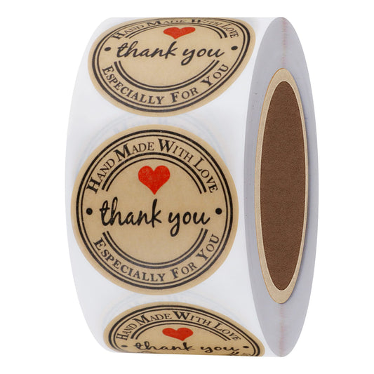 HYBSK Kraft Thank You Hand Made with Love with Red Heart Stickers 1.5" Inch Round Total 500 Adhesive Labels Per Roll (Kraft)
