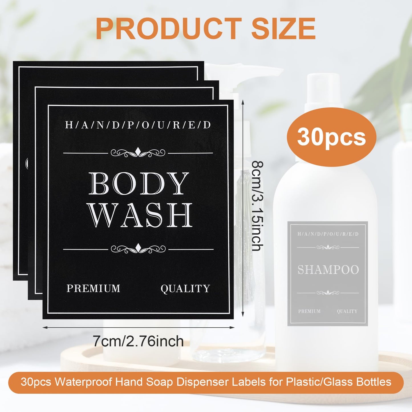 Waterproof Labels for Bottles, Ymapinc 30Pcs Removable Bathroom Organization Labels Stickers for Shampoo/Conditioner/Body Wash, Black Toiletry Labels for Plastic/Glass Bottles