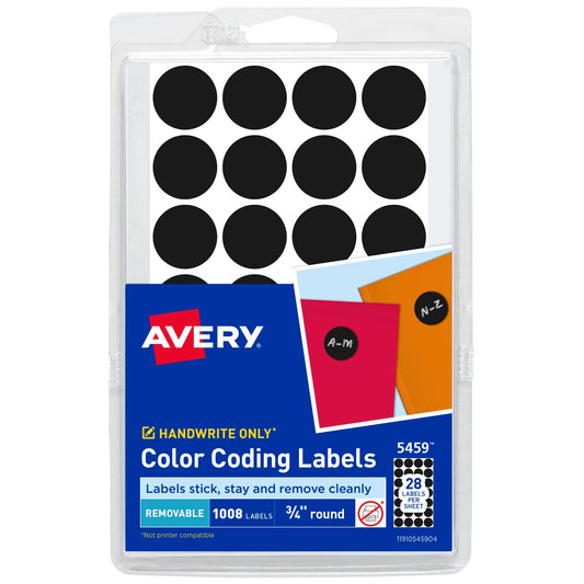 Avery Color-Coding Removable Labels, 3/4 Inch Round Labels, Black, Non-Printable, 1,008 Dot Stickers Total (5459)