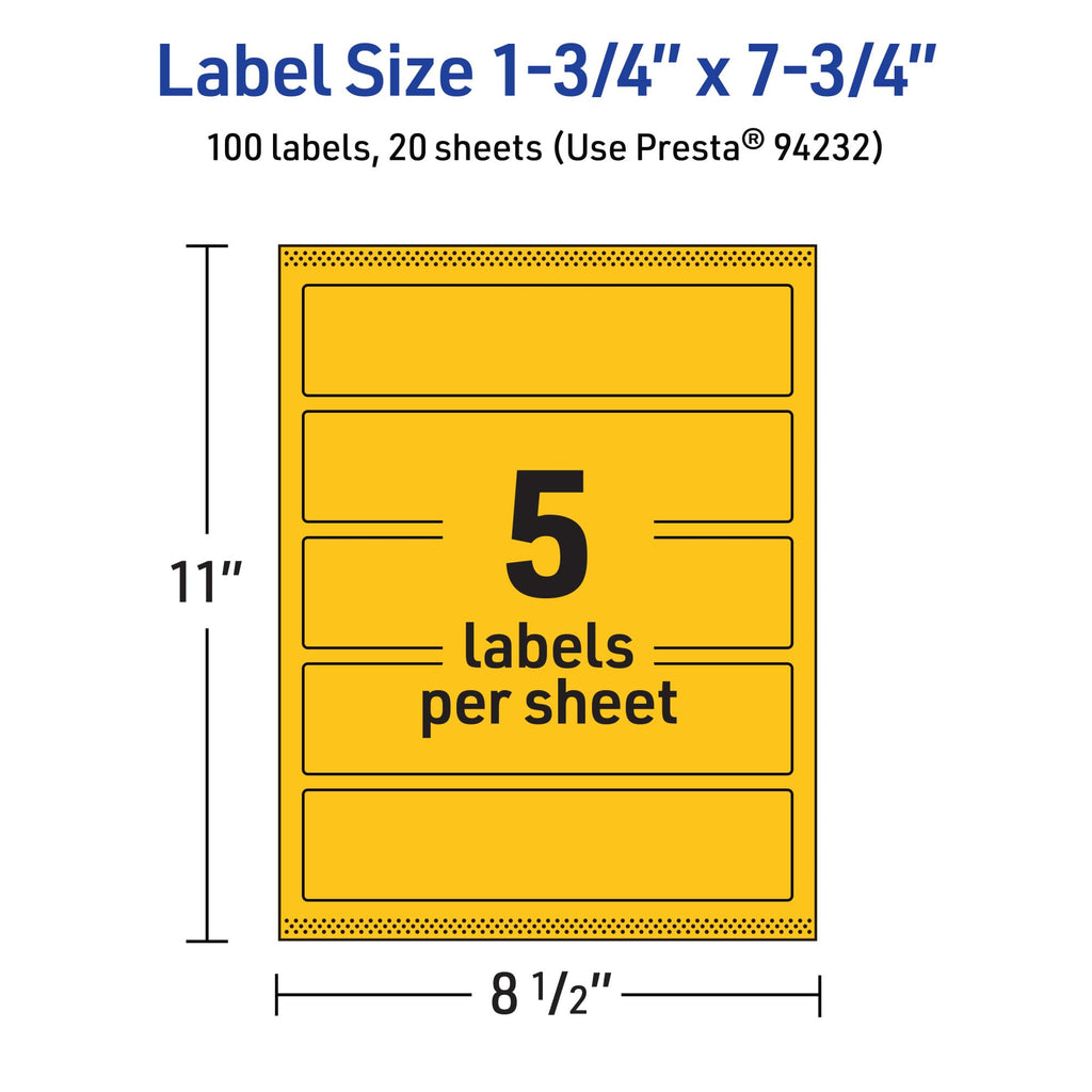 Avery Printable Rectangle Labels, Sure Feed Technology, 1-3/4" x 7-3/4", Bright Yellow Labels, Print-to-The-Edge, Laser/Inkjet Printable, 100 Total, Great for Candles and Jars 100 labels