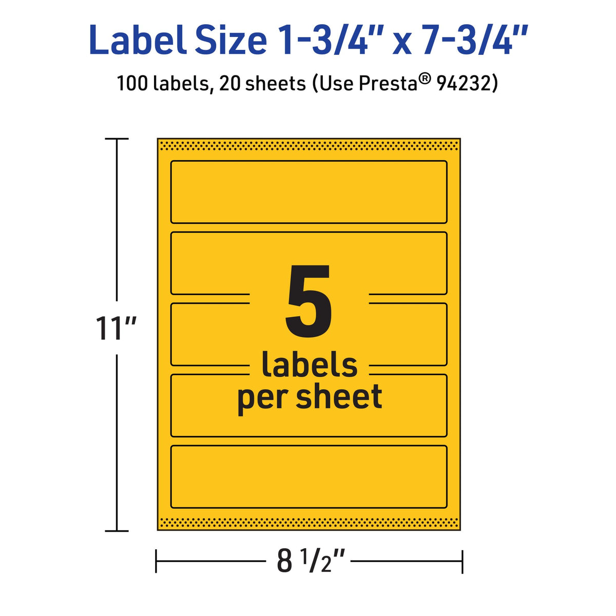 Avery Printable Rectangle Labels, Sure Feed Technology, 1-3/4" x 7-3/4", Bright Yellow Labels, Print-to-The-Edge, Laser/Inkjet Printable, 100 Total, Great for Candles and Jars 100 labels