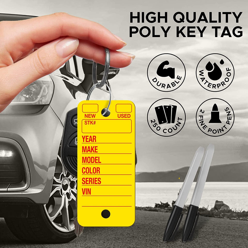 Poly Tag Key Tags with Ring (Yellow) – 250 Key Tag Count. Includes 250 Rings and 2 Fine Point Pens. Car Key Tags Plastic || Automotive Key Tags || Dealer Tags