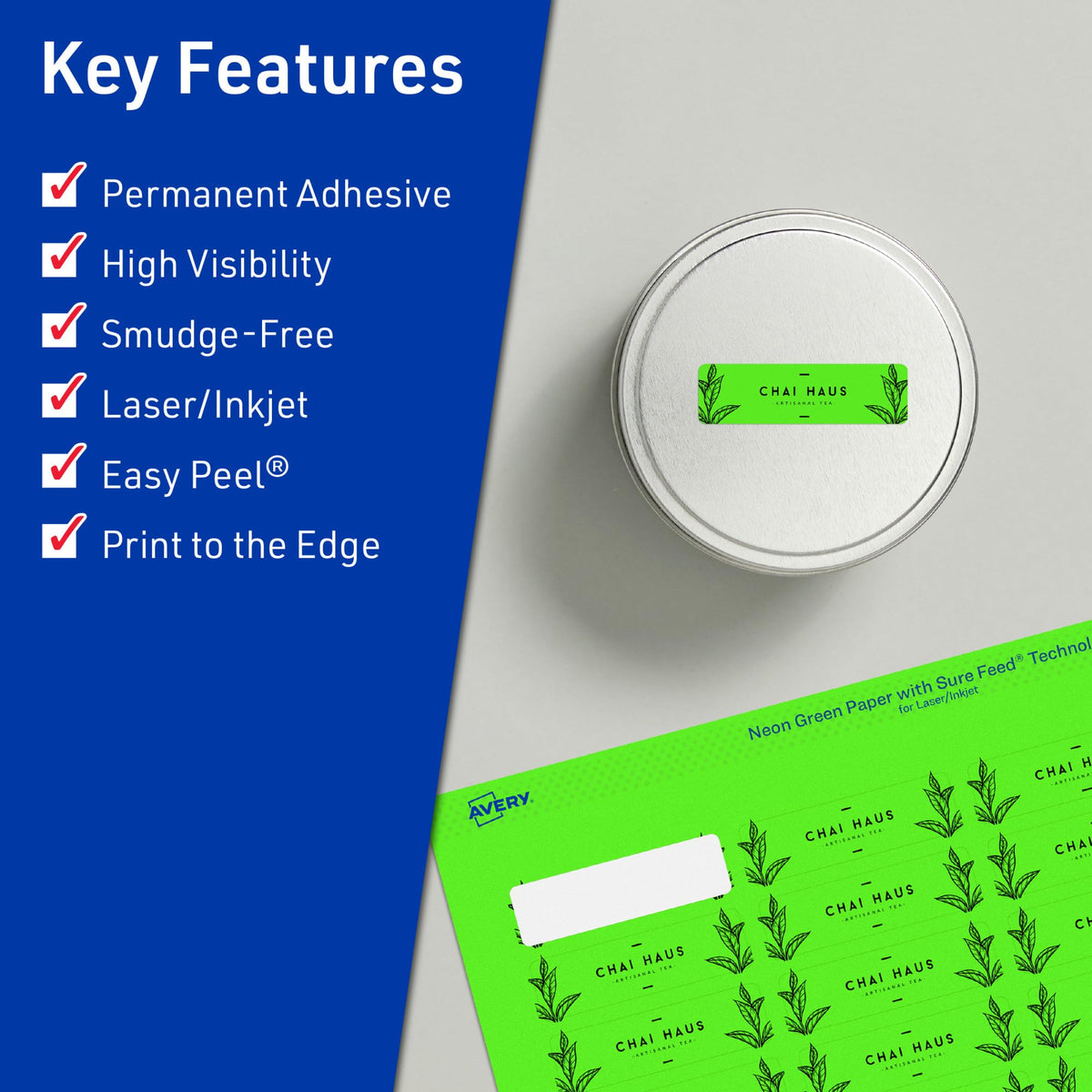 Avery Printable Rectangle Labels, Sure Feed Technology, 2/3" x 1-3/4", Neon Green Labels, Print-to-The-Edge, Laser/Inkjet Printable, 880 Total, Great for Product Merchandising and Jars 880 labels