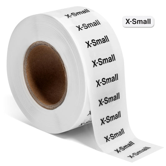 2500pcs XS Clothing Size Labels, 1" x 0.35" Labels, X-Small, 2500 Labels/Roll, Clear Clothing Size Sticker Labels for Shirts, Pants, Accessories, Retail Clothing