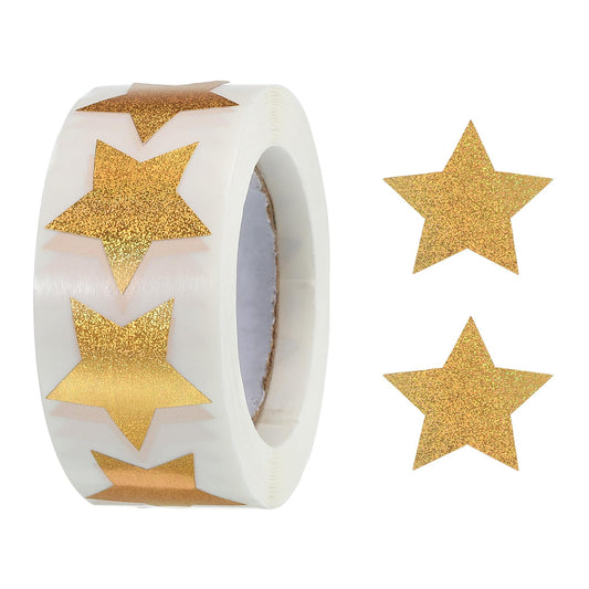 MECCANIXITY Glitter Star Stickers 1 Inch DIY Adhesive Sparkling Labels for Notes, Greeting Cards, Gift Boxes, 500 Count/Roll Gold Powder