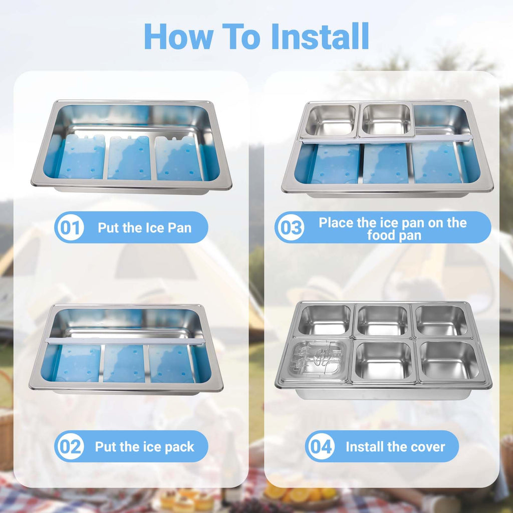 Countertop Ice Food Serving Display Tray with 6 Pan, Portable Salad Bar Buffet Station for Home, Cold Food Buffet Tray, Keep Food Cold Outdoor Buffet, Pizza Topping Station Cooling Trays for Food