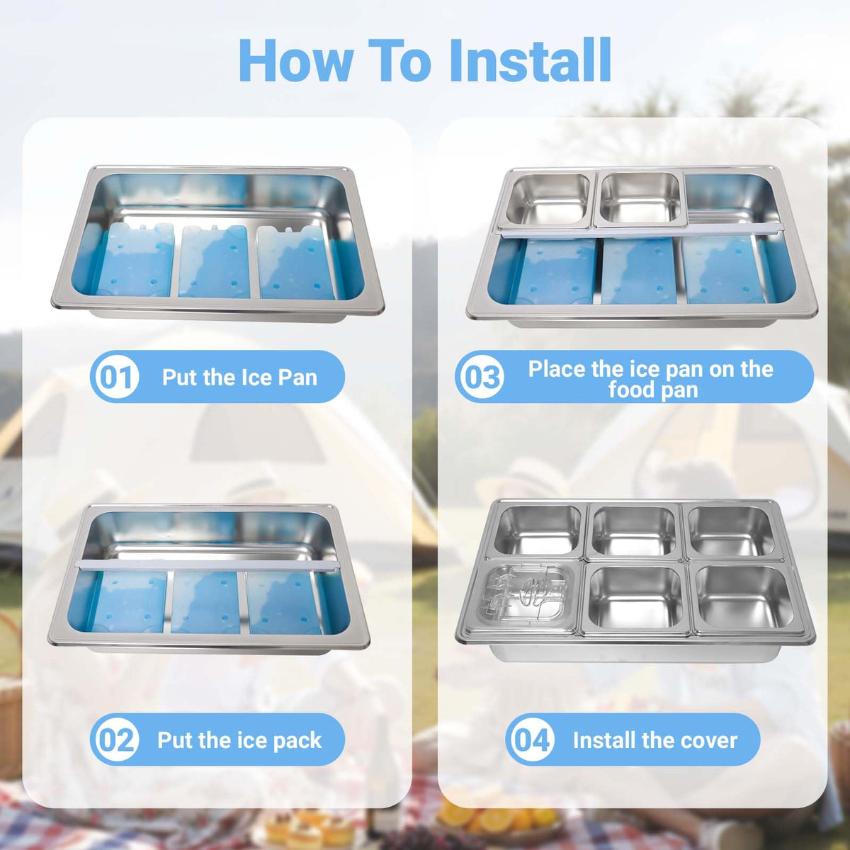 Countertop Ice Food Serving Display Tray with 6 Pan, Portable Salad Bar Buffet Station for Home, Cold Food Buffet Tray, Keep Food Cold Outdoor Buffet, Pizza Topping Station Cooling Trays for Food