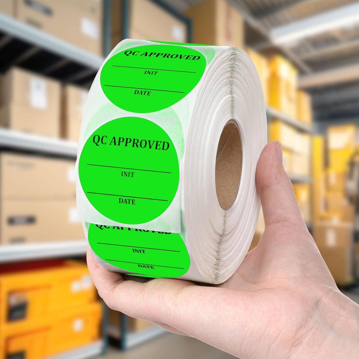 Gueevin 1 Roll/1000 Pcs 2 Inch Quality Control Inventory Labels Writeable QC Inventory Approval Stickers Fluorescent Green Permanent Adhesive Inventory Stickers for Shipping Warehouse Organization