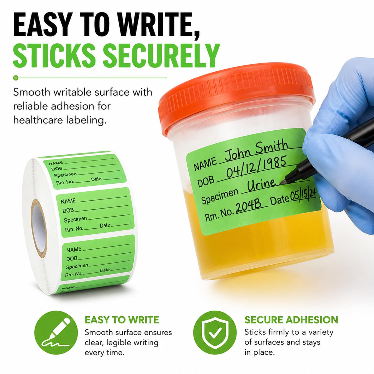 1000 PCS Specimen Collection Label 2"x1" Self Adhesive Vinyl Green Green, Black