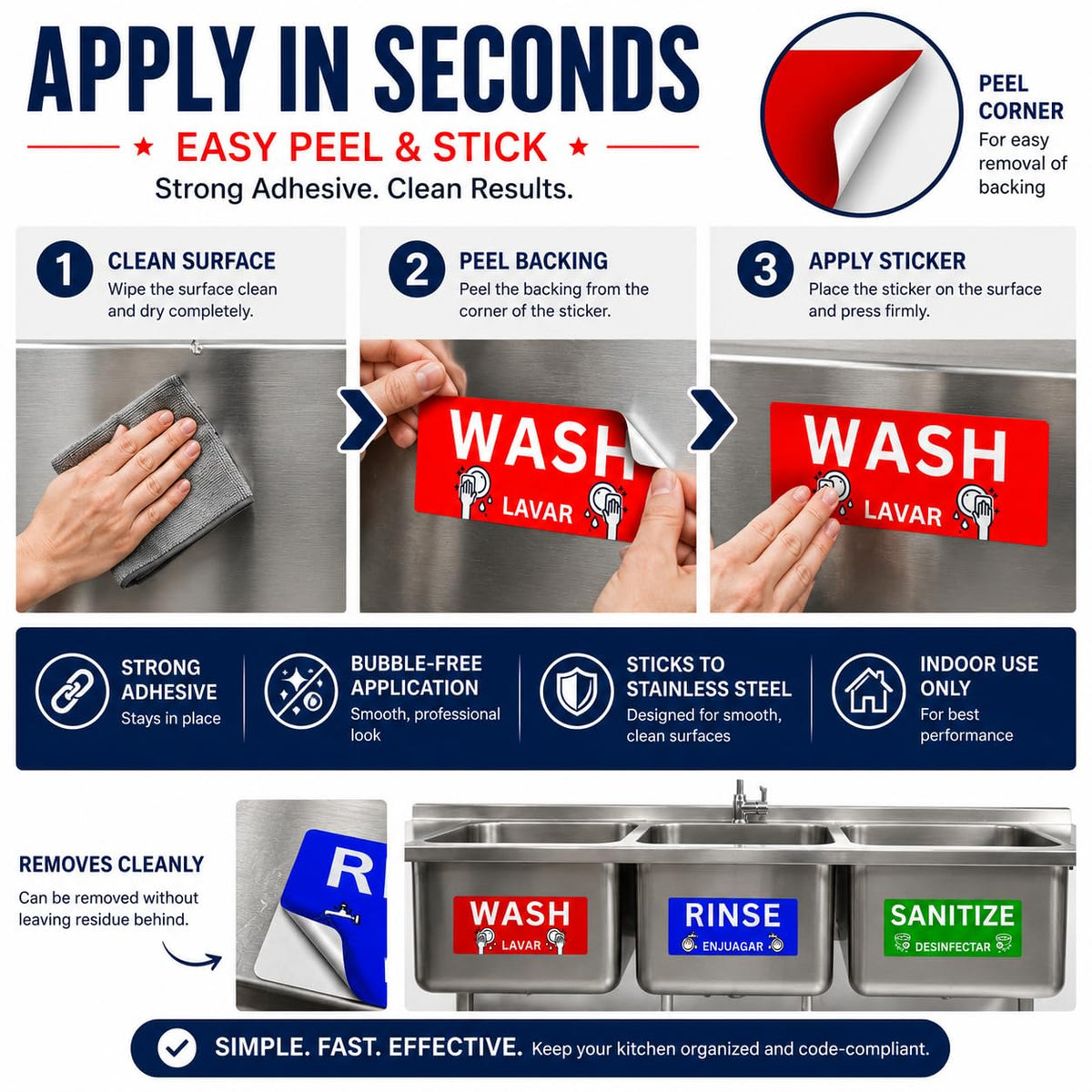 Wash Rinse Sanitize Sink Labels, Commercial Stickers for Triple Sink, Set of 3 Stickers, 7x3 Inches, 1 Set