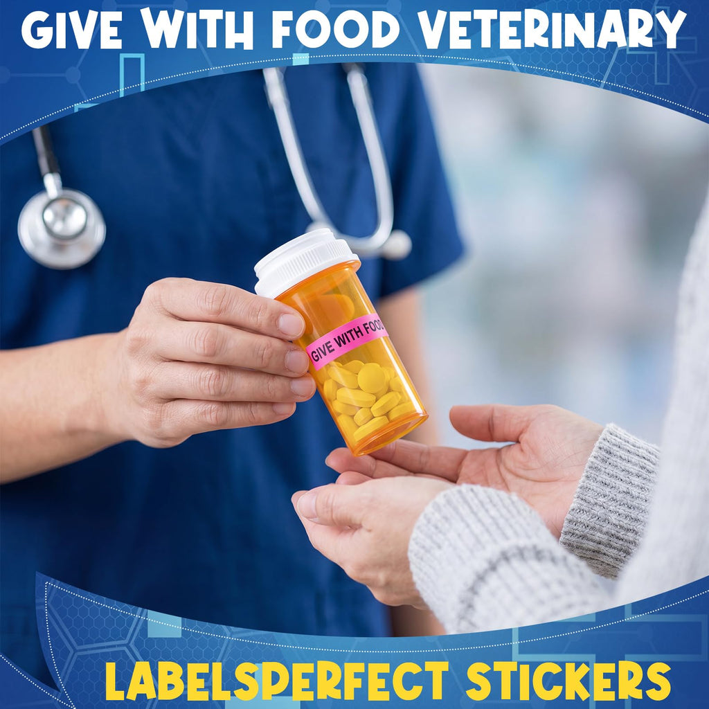 Affrolling Give with Food Veterinary Labels Stickers 0.375” x 1.625”, 500 Labels/1 Roll, Fluorescent Pink Medication Instruction Labels Sticker for Medical Veterinary Clinic Hospital Pet Care Supplies