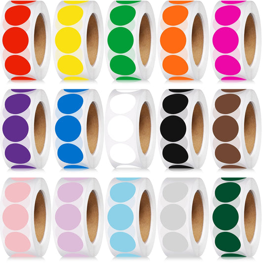 7500 Pcs 3/4 in Round Color Coding Labels Roll Adhesive Solid Colors Dot Stickers Assorted Colored Circle Stickers for Inventory Organize, File Classification, 15 Colors 7500