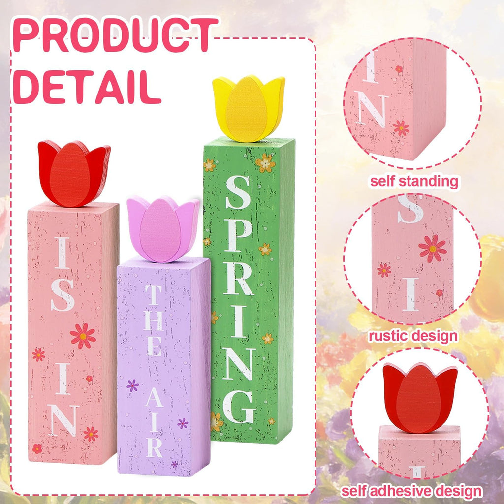 3 Pcs Spring Tulips Wood Table Decor Tulip Flower Block Signs Hello Spring Flowers Table Centerpieces Tulips Spring Holiday Decoration for Home Kitchen Office Desk Easter Decor Spring Tulip
