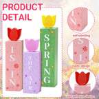 3 Pcs Spring Tulips Wood Table Decor Tulip Flower Block Signs Hello Spring Flowers Table Centerpieces Tulips Spring Holiday Decoration for Home Kitchen Office Desk Easter Decor Spring Tulip