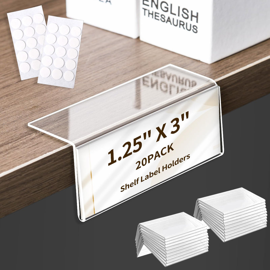 20 Pack Acrylic Rigid Shelf Label Holders, Lying Down or Sticking 1.25x3 in