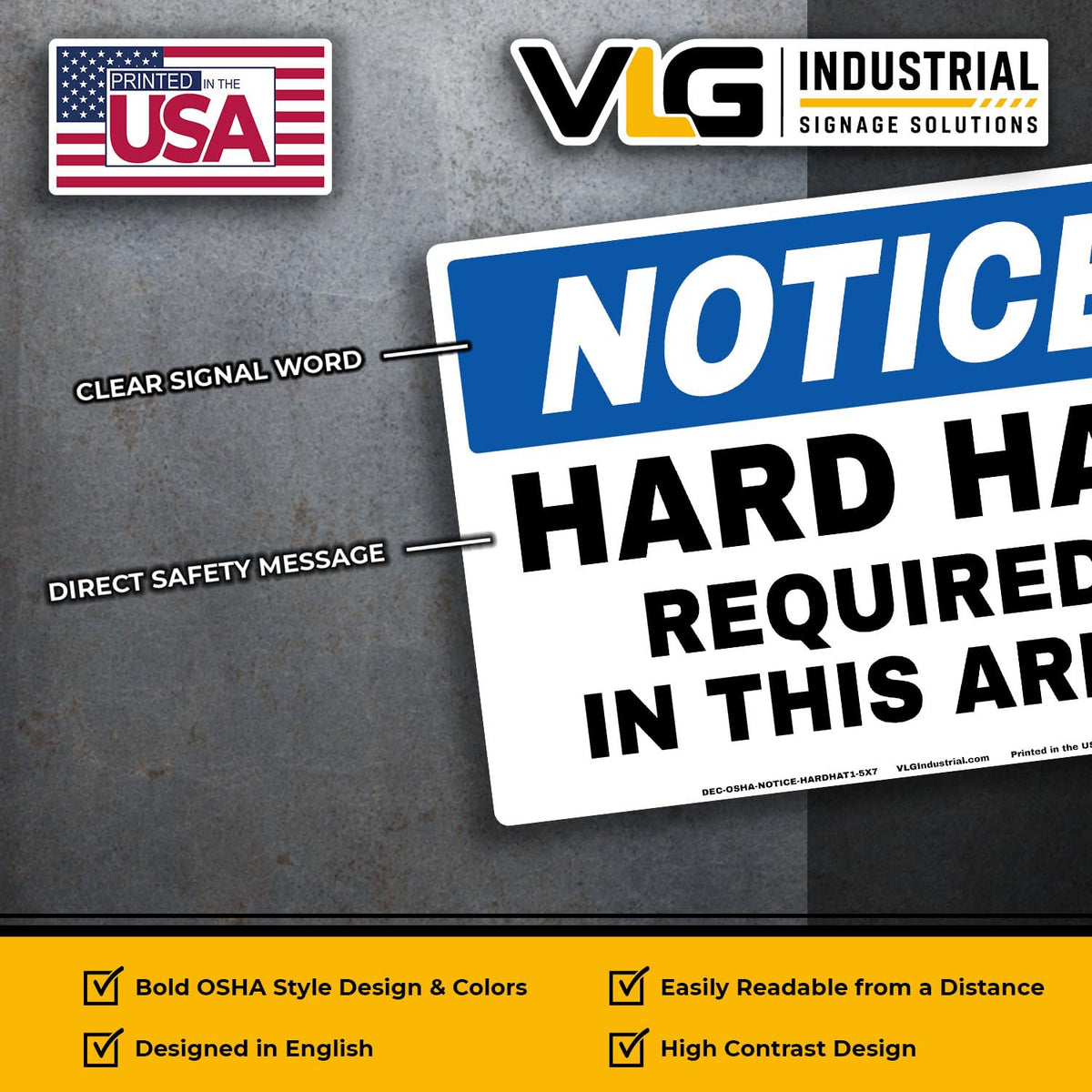NOTICE Hard Hat Required in This Area Safety Labels, 5-Pack, 5" x 7" OSHA Style Industrial Safety Decals, Heavy Duty Waterproof Vinyl Stickers for Construction Sites, Manufacturing Facilities & Industrial Work Areas