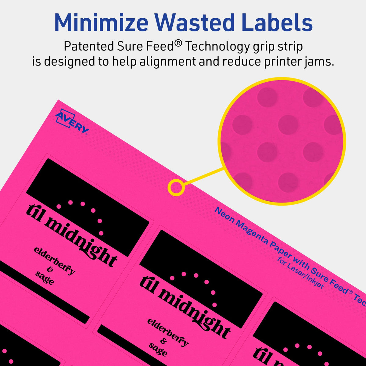 Avery® Printable Square Labels, Sure Feed® Technology, 2-1/2" x 2-1/2", Neon Magenta Labels, Laser/Inkjet Printable, 180 Total, Great for Jars and Packaging 180 labels