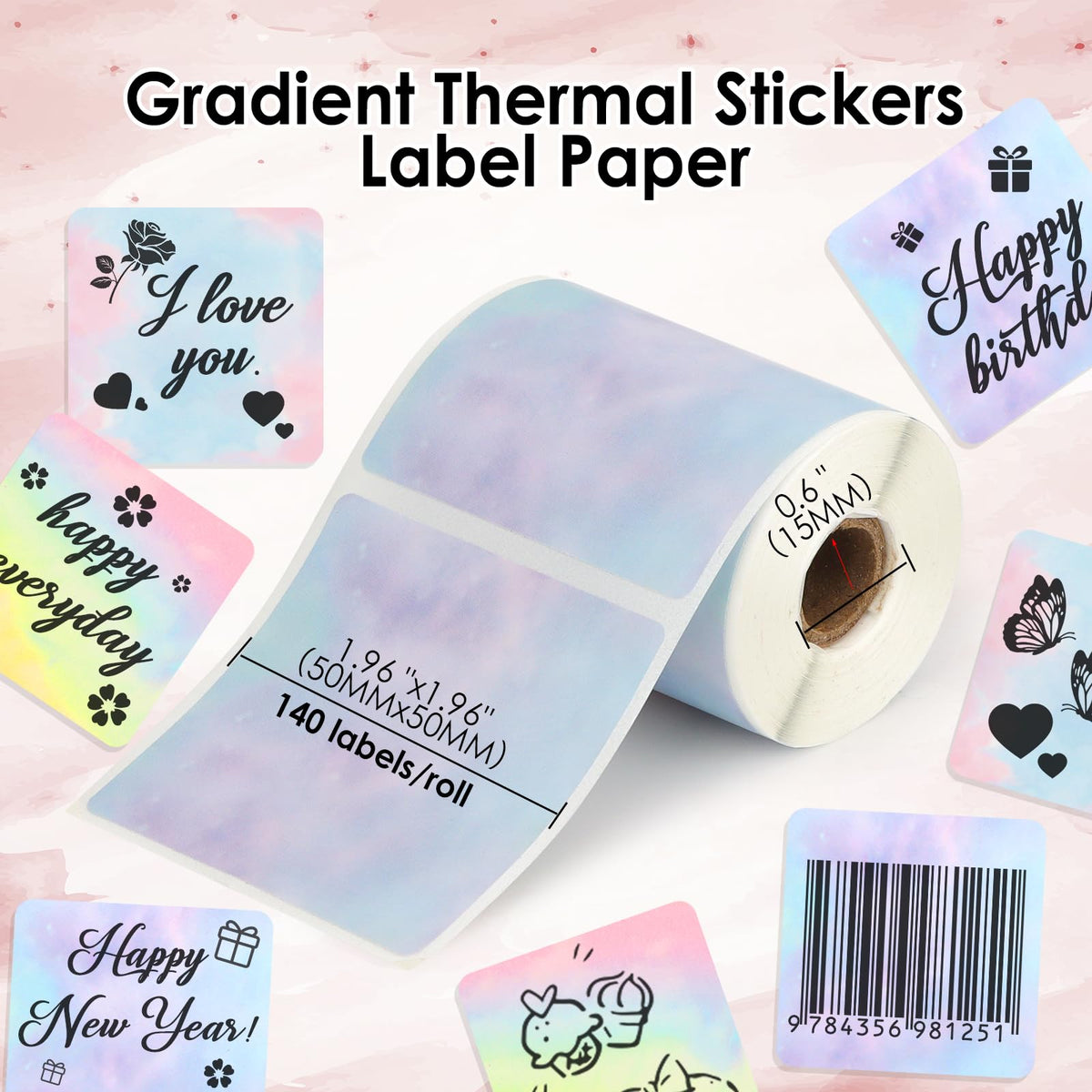 HuiJuKeJi 3 Rolls Thermal Square Label Paper,1.96 "x1.96 Gradient Label Maker Sticker for Phomemo M220/M200/M221/M110 Printer,Multi-Purpose Self-Adhesive Waterproof Labels for Barcode,DIY,Logo,Thanks