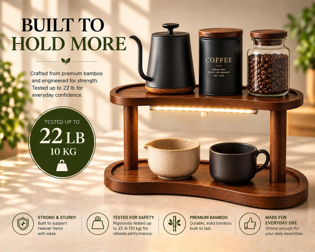 Matcha Station Organizer with Motion Sensor LED Light, 2-Tier Bamboo Matcha Stand Shelf, Countertop Coffee & Tea Station Organizer
