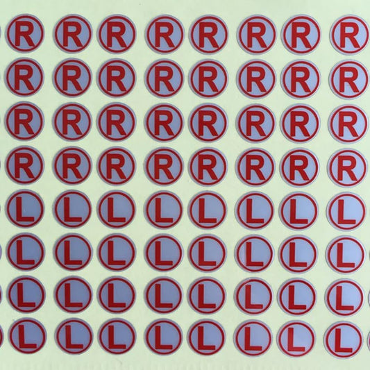 Lasenersm 5 Sheets 8mm L & R Stickers, Silver Background Red Word, PVC Material, Waterproof, Multi-Use, Earphone, Indoor, Red, Letter Print, Round, Polished, Single Use, Typographic