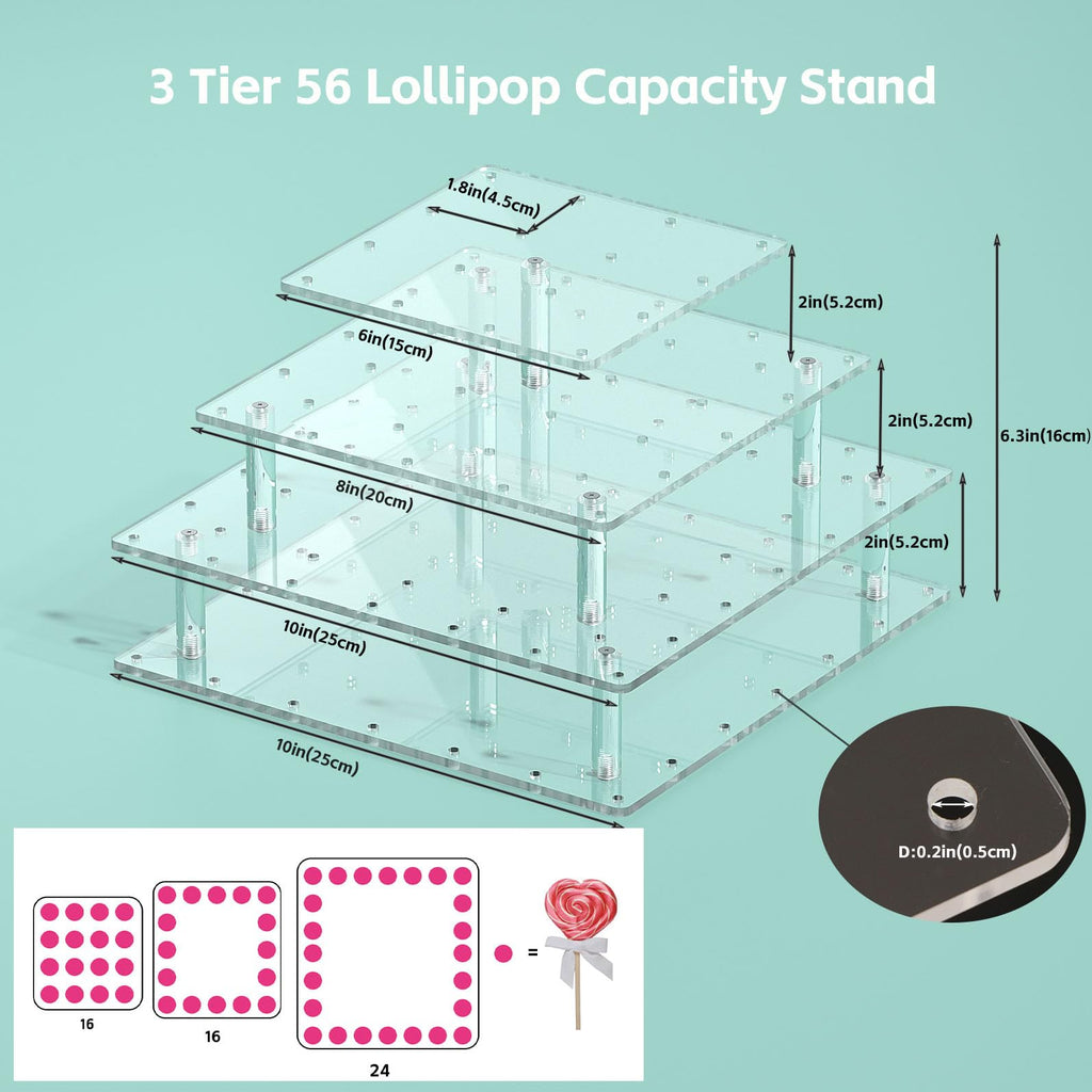 Clear Acrylic Cake Pop Stand Lollipop Display Holder Tower 56 Hole 3 Tiered Candy Tree for Party Decorating Wedding Events Supplies 10 in