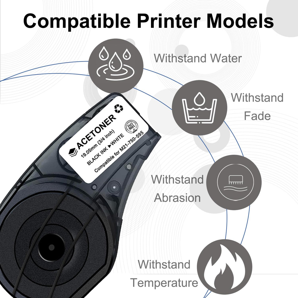 M21-750-595 2 Pack Compatible for (M21-750-595-WT) All-Weather Vinyl Label for Indoor/Outdoor ID, Black on White- for M210, M210-LAB, M211, BMP21-PLUS and BMP21-LAB Printerss, 0.75" W 21" L