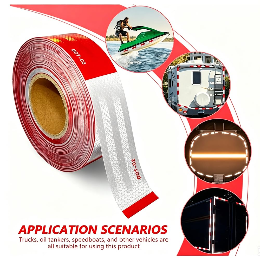 DOT-C2 Reflective Safety Tape 2" x 200' Red/White | High-Visibility, For Vehicles, Trailers, Marine, and Signs, Safety Conspicuity Tape