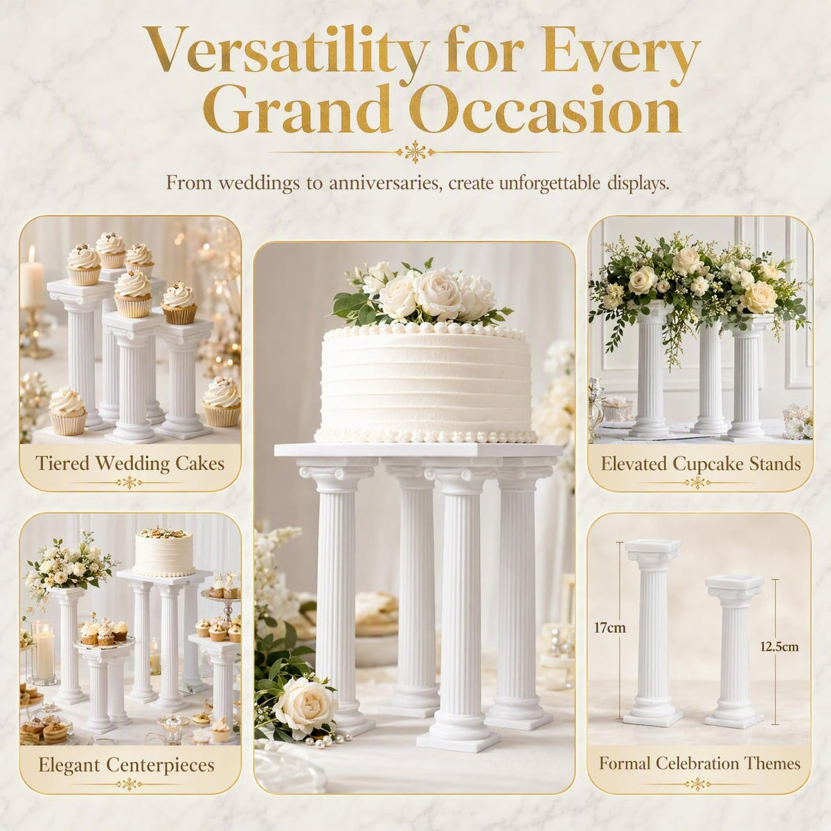 DECHOUS Roman Column Cake Pillars, White Plastic, 8 Pack