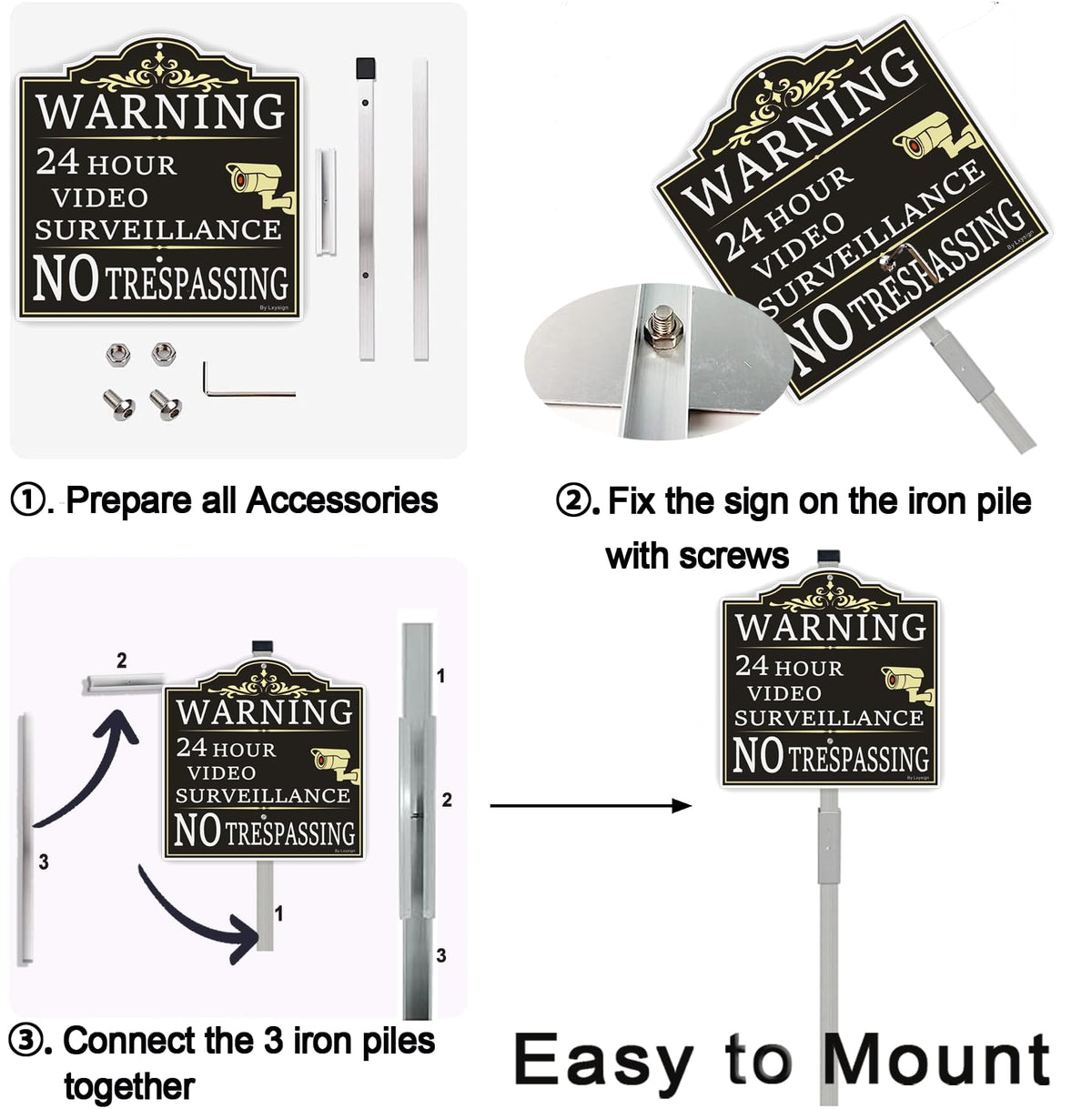 (2Pack) Large Video Surveillance Sign with Stake, No Trespassing Sign, 2pack with stake