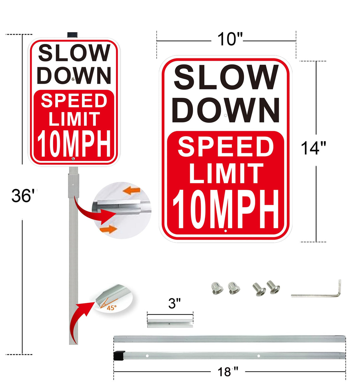 2Pack Slow Down Sign, Speed Limit 10MPH Sign with 36" Stakes, 14"×10" Reflective Aluminum, Fade Resistant/Waterproof, Including Screws, Easy to Install Speed 10 with stake