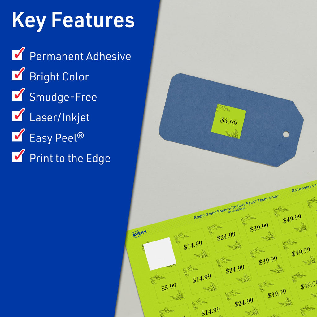 Avery Printable Square Labels, Sure Feed Technology, 1" x 1", Bright Green Labels, Print-to-The-Edge, Laser/Inkjet Printable, 1,920 Total, Great for Soaps and QR Codes 1,920 labels