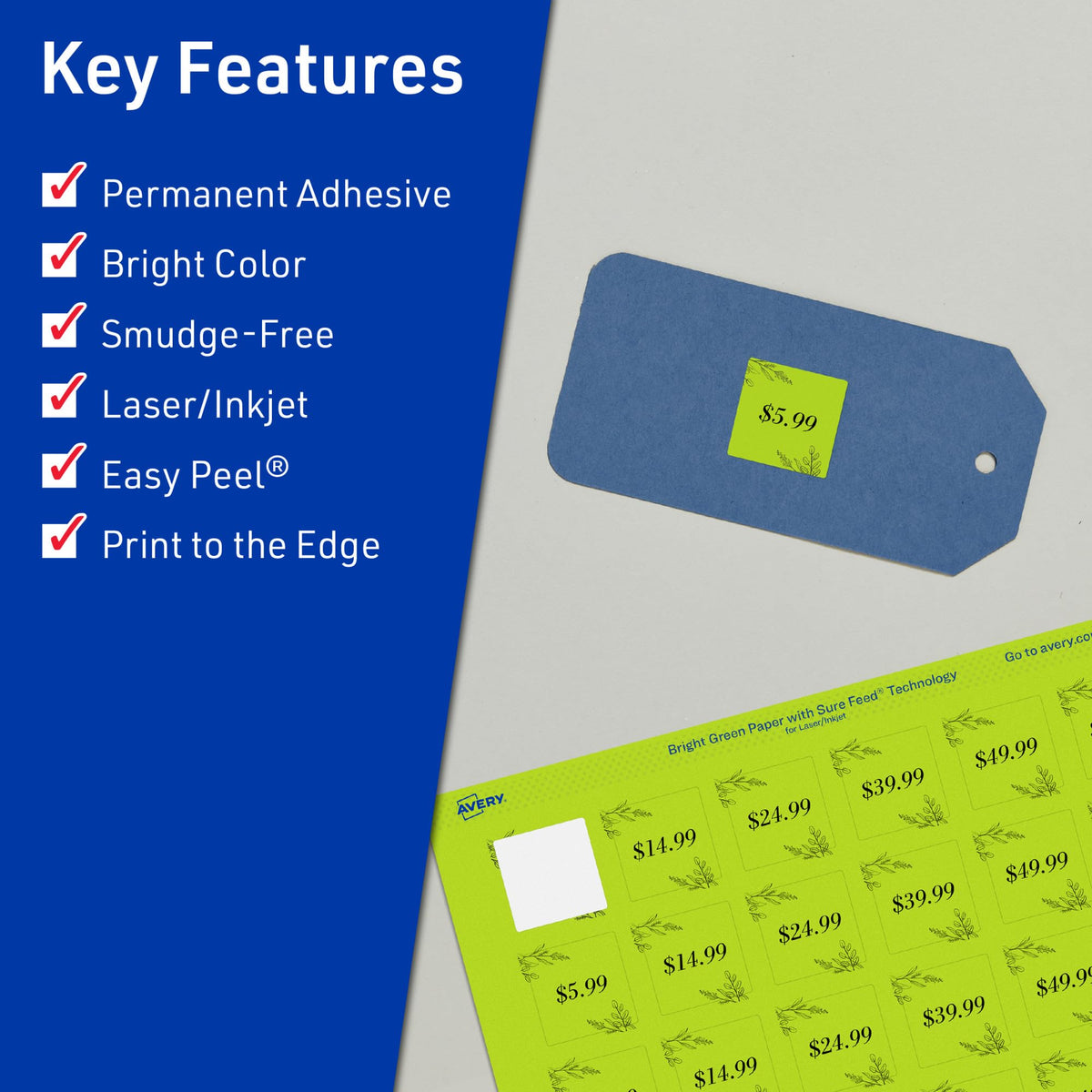 Avery Printable Square Labels, Sure Feed Technology, 1" x 1", Bright Green Labels, Print-to-The-Edge, Laser/Inkjet Printable, 1,920 Total, Great for Soaps and QR Codes 1,920 labels