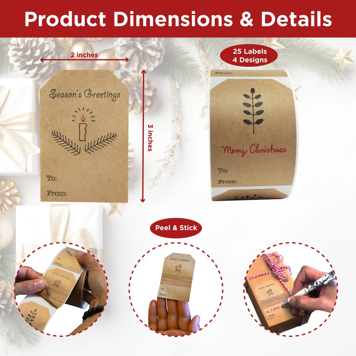 Boho Simple Christmas Gift Tags Holiday Present Stickers, 2 x 3, 25 Total Adhesive Labels