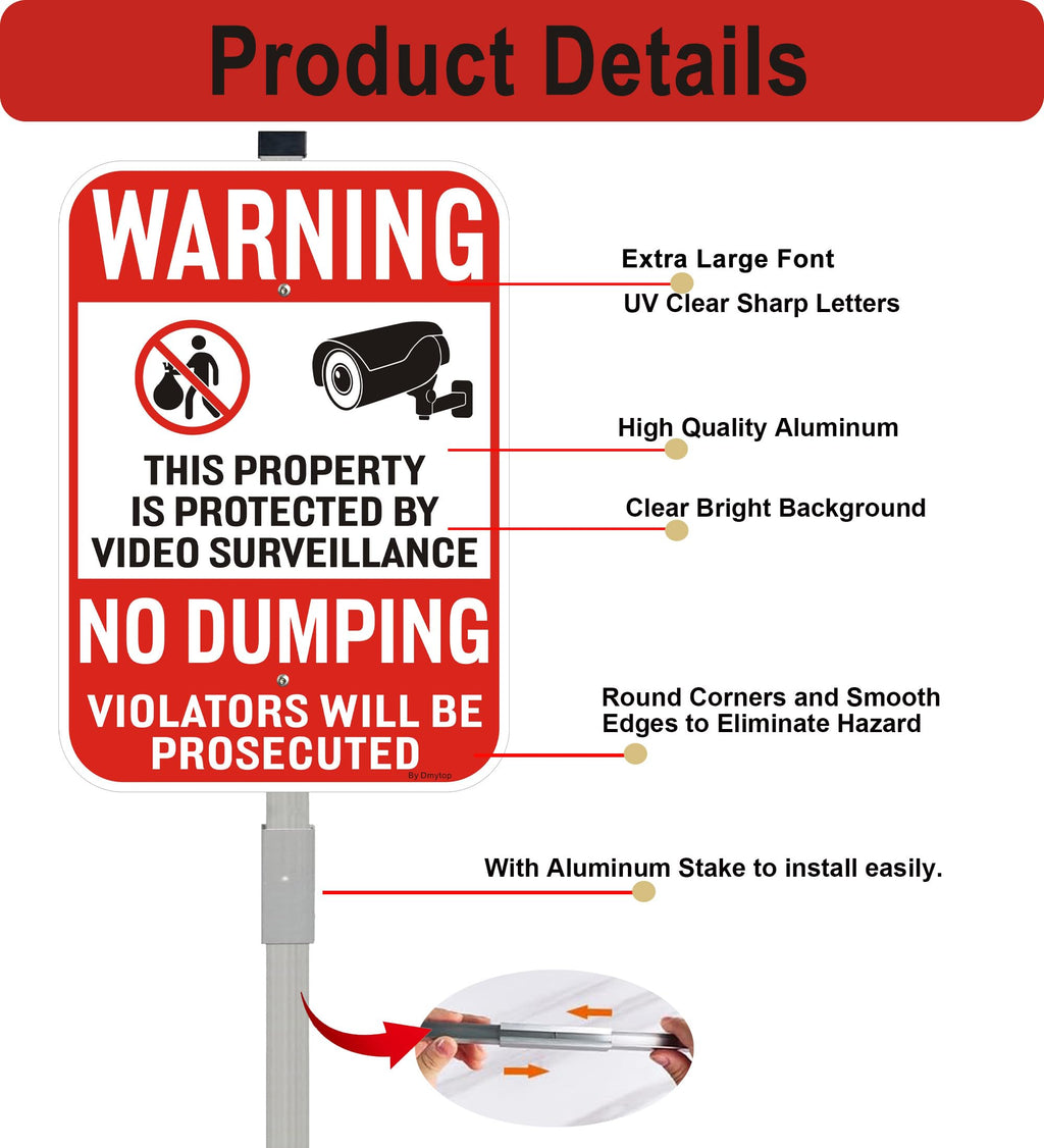 2Pack No Dumping Sign,14" x 10" Property Protected By Video Surveillance Sign with 36" Alloy Stakes, Rust Free &Fade Resistant Heavy Reflective Aluminum,Included Mounting Screw Kit.