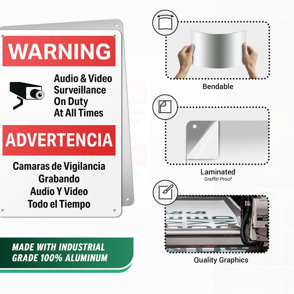 "Warning: Audio & Video Surveillance on Duty at All Times" Sign in English and Spanish for Private Properties - 8" x 12" Aluminum, 4 Pack Warning: Audio & Video Surveillance