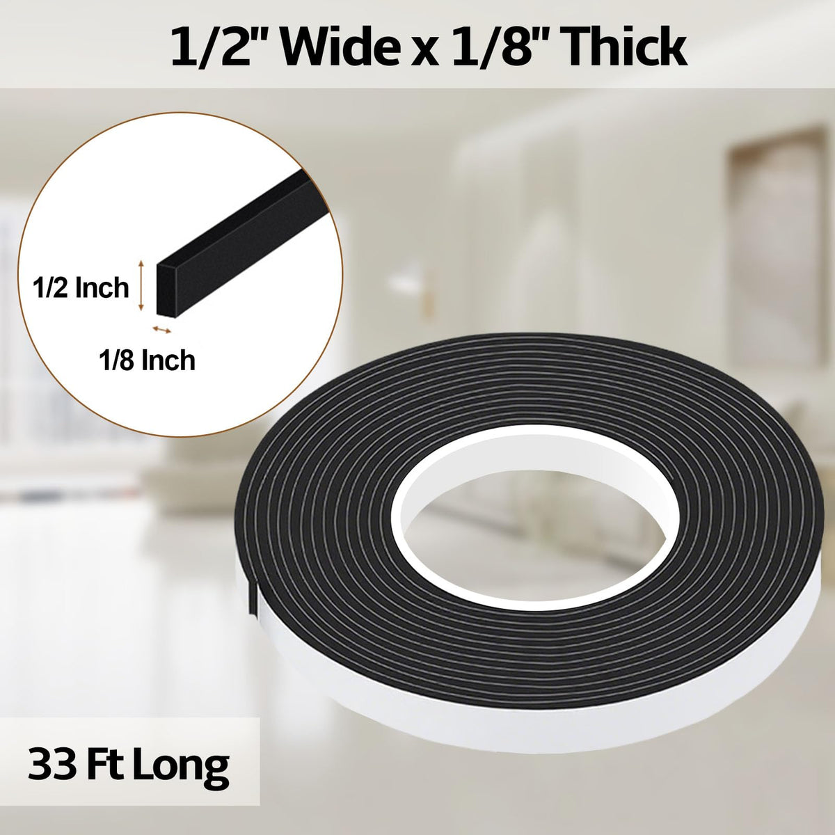 1/2 in Wide x 1/8 in Thick x 33FT Window Sealing Tape,Weather Stripping Door Seal,Foam Insulation Tape,Single-Sided Self-Adhesive Foam Strips,Black 1/2 IN x 1/8 IN x 33FT Black