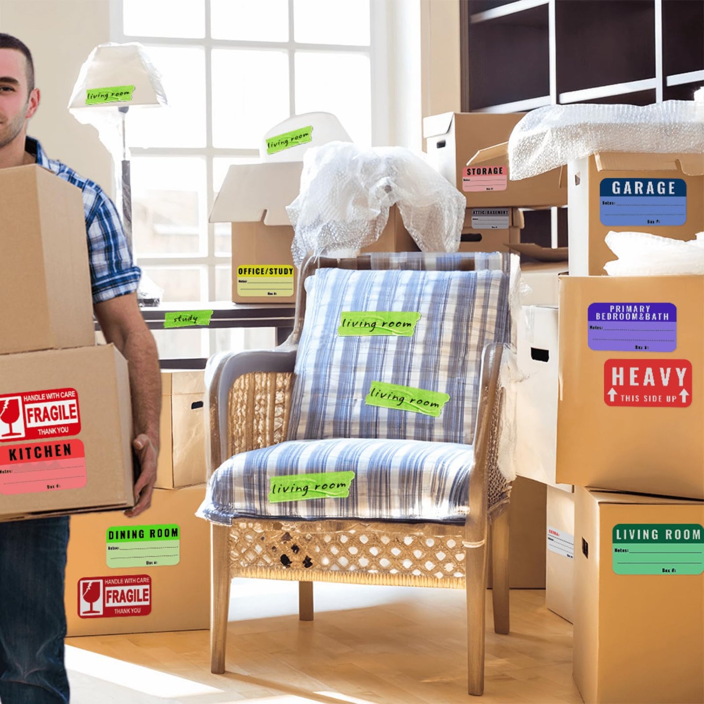 Large Color-Coded Moving Labels, 450 Stickers for Home Supplies With Removable Tape, Fragile Packing Labels for Boxes, Organizing and Packing Pack-450