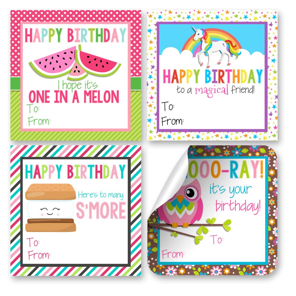 Happy Birthday Gift Tag Stickers for Girls, Set of 24 2.5 X 2.5 Mixed Square Birthday Gift Labels by Amanda Creation