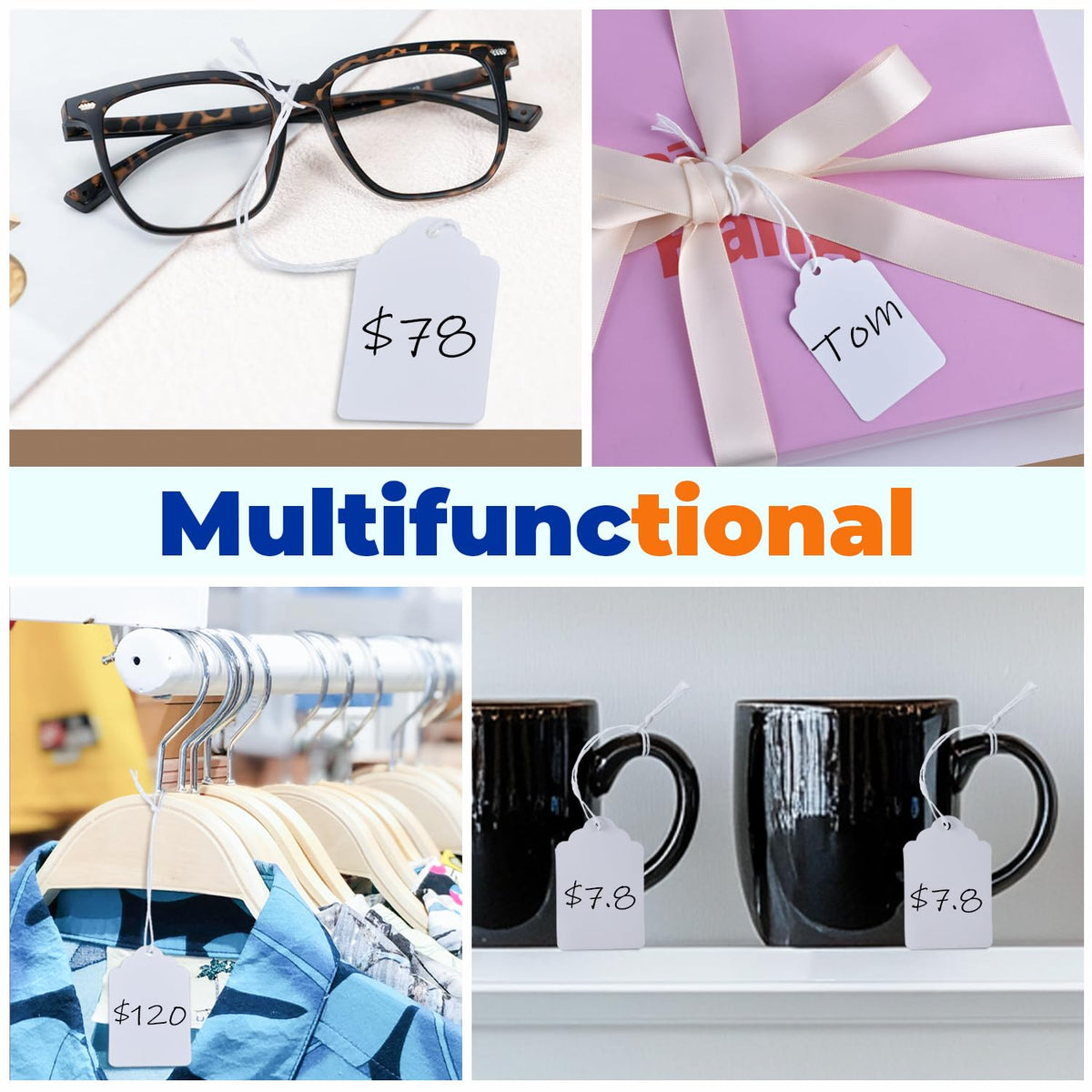 1000Pcs Price Tags with String Attached, 1 3/8" x 2 1/8" White - Smooth Surface 1000pcs - 1.375" x 2.125"