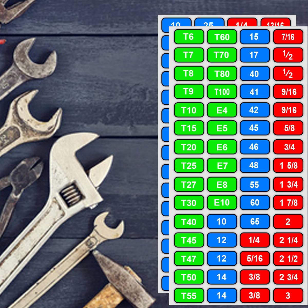 Foil Socket Labels Toolbox Stickers 180 pcs, 1/4", 3/8", 1/2" Wrench Size Labels Socket Size Stickers for Toolbox Organization