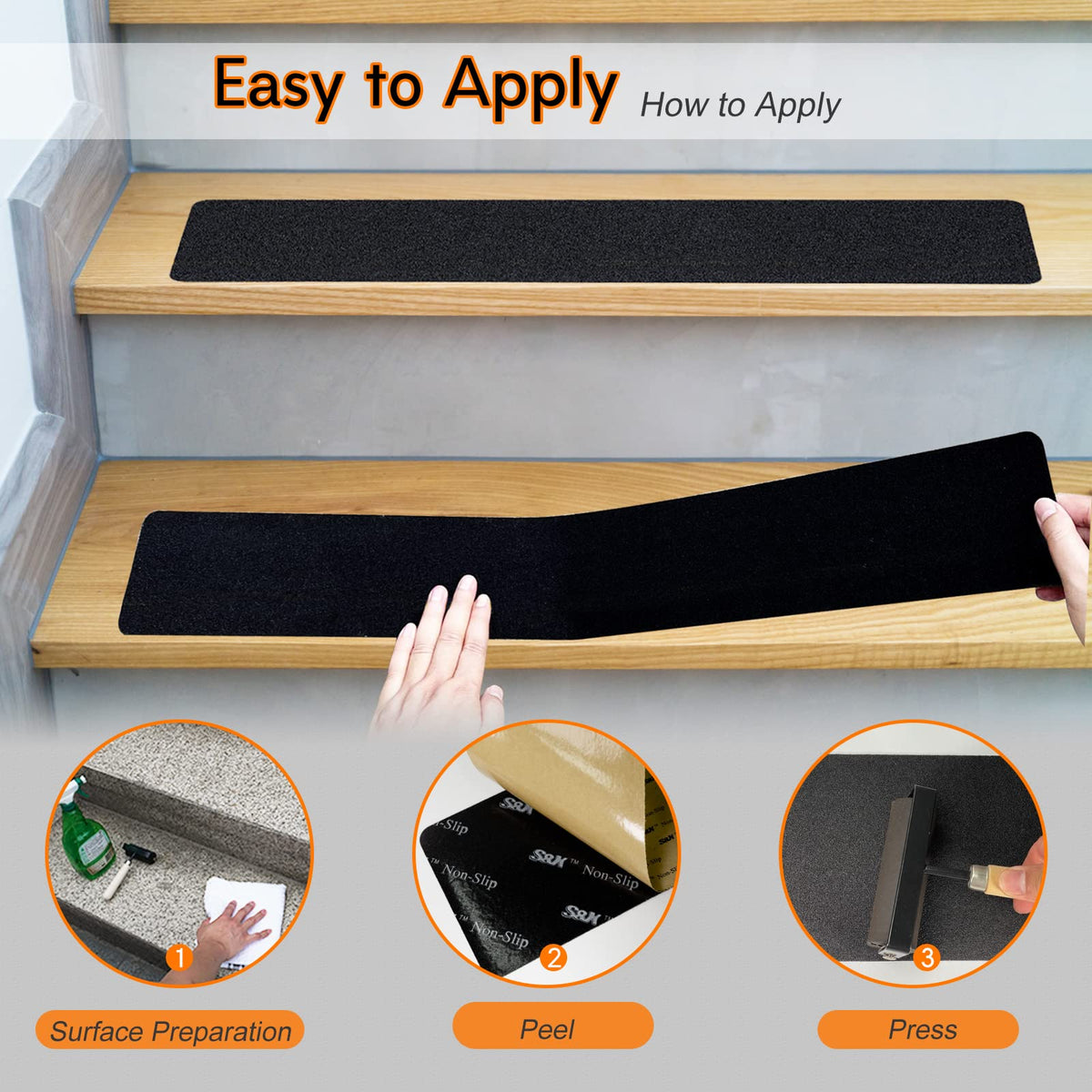 S&X Stair Treads Non-Slip Outdoor Grip Tape, 12-Pack, 6” x 30” Pre-Cut Anti Slip Tape, Black 6" x 30"