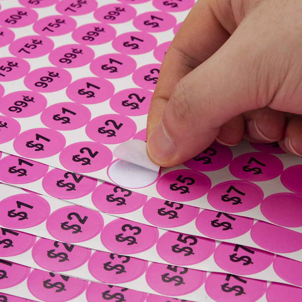 Pink Anronal 2520 Count garage sale pricing stickers, round 3/4-inch removable labels with preprinted prices for yard sales.